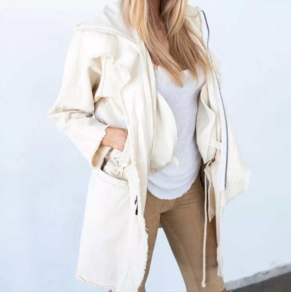 Tribe Kelley Cream Ivory Frayed Utility Jacket 100% Cotton Size S Boho Lagenlook